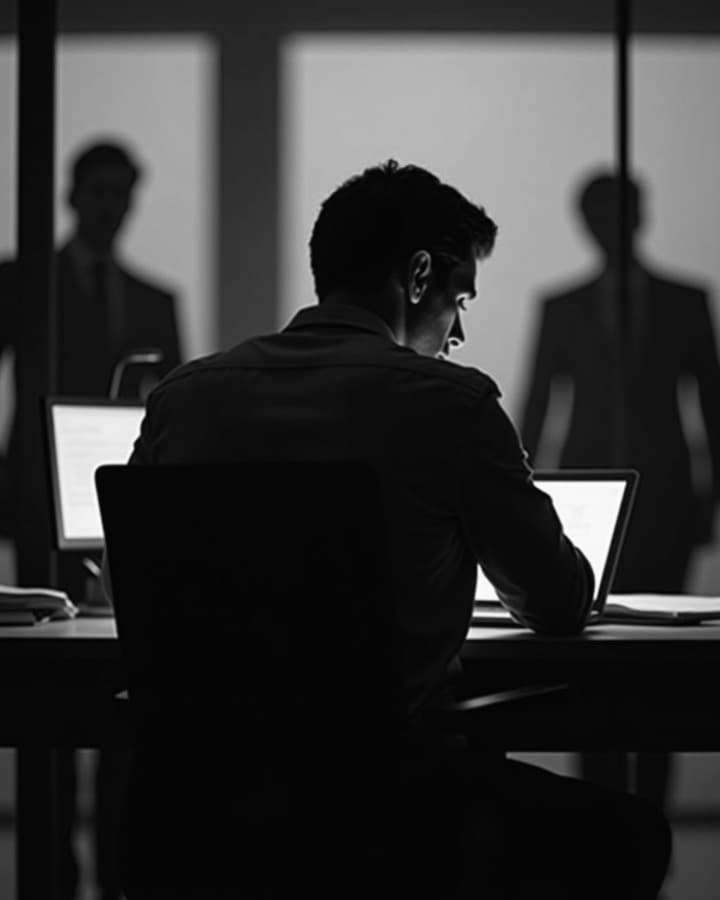 A silhouette in front of a laptop in a dark office
