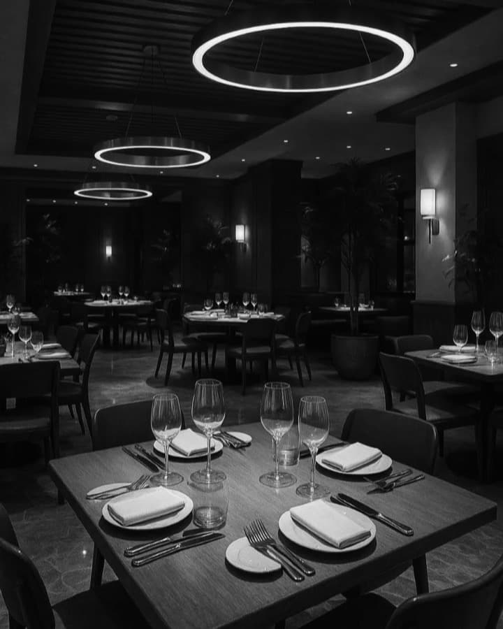 An empty restaurant table set for a group that has not arrived yet