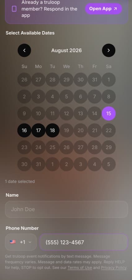 Truloop event invite web page showing the phone number field with the SMS consent disclosure directly below it