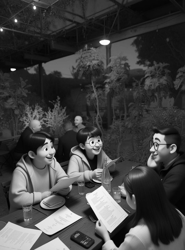 Friends gathered at a restaurant, looking at menus and chatting